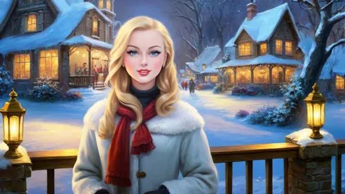 Romantic masterpiece oil painting, cute girl portrait, nostalgic 1950's style kitsch, breathtaking beautiful winter kingdom landscape, majestic fantasy scenery, evening lighting, highly detailed highr