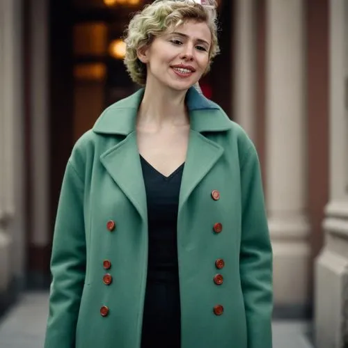 short and petite woman, green coat, short wavy hair,coat,overcoat,woman in menswear,green jacket,old coat,bolero jacket,blue jasmine,imperial coat,long coat,female doctor,retro christmas lady,vanity f