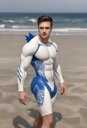 A mistake at the beach.

The guy became blue and white muscle  antro shark, a vinyl toy. The character has an athletic body with blue fins,and a tail. The body of character is made of a vinyl that is 