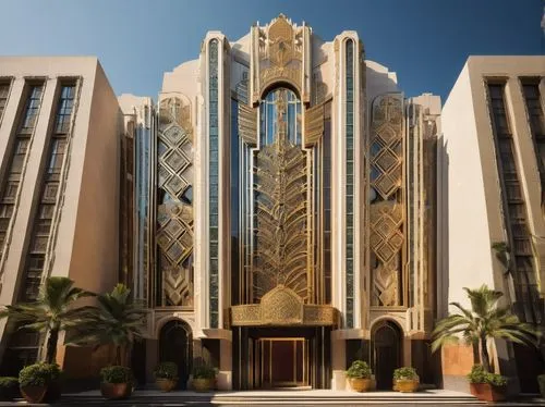 Art Deco skyscraper, 1920s, geometric patterns, metallic materials, ornate decorations, symmetrical façade, grand entrance, luxurious lobby, high-rise building, urban cityscape, sunny day, low-angle s