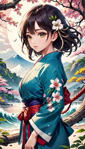 yukata,kimono,japanese sakura background,yamashiro,japanese floral background,longmei,Anime,Anime,Realistic