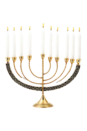 menorah, Jewish candlestick, seven branches, golden metal, intricate designs, curved legs, white candles, lit flames, soft warm lighting, shallow depth of field, 3/4 composition, traditional, cultural