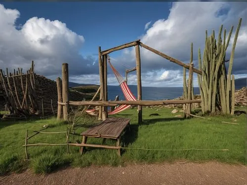 swing set,uros,albuquerque volcano park,bamboo frame,swingset,quetzalcoatlus,Photography,General,Realistic