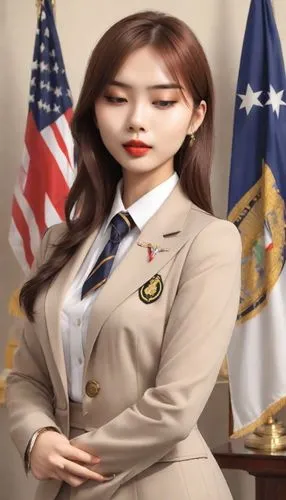 a female in a beige suit and american flags behind her,secretary,servicewoman,usfk,undersecretary,secret service,appointee