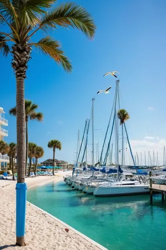 Panama City Beach, FL, modern architectural designs, luxurious buildings, sleek lines, glass facades, balconies overlooking the ocean, tropical palm trees swaying gently in the breeze, white sandy bea