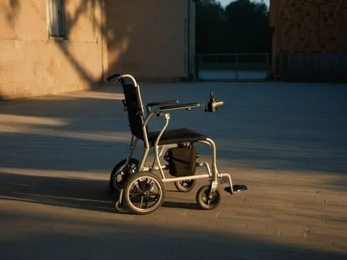 轮椅模型不改变 改变场景户外光影优化,a small handicapped chair sits in an empty parking lot,pushchair,stroller,trikke,stokke,wheelchair,pushchairs,Photography,General,Natural