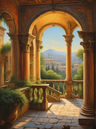 tuscan,toscana,apolloni,fantasy landscape,alhambra,volterra,seregil,assisi,karakas,landscape background,home landscape,panoramic landscape,hildebrandt,civitella,urbino,pallomari,italian painter,cortona,bergamo,pienza,Illustration,Retro,Retro 14