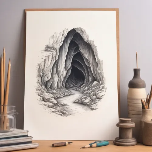 Craft a mysterious contour line drawing of a hidden cave in the mountains.,charcoal nest,cave on the water,sea cave,cave,glacier cave,ice cave,lava cave,pencil frame,pit cave,charcoal kiln,sea caves,f