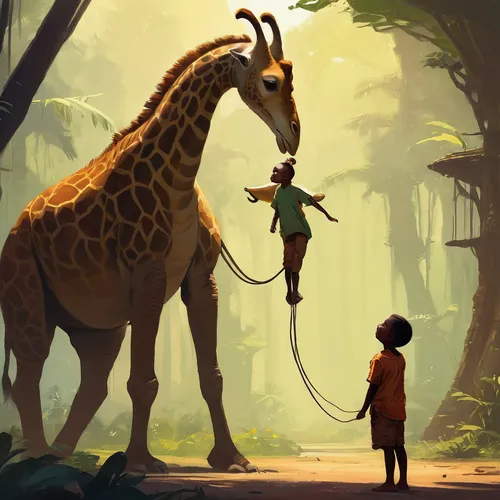 two giraffes,mowgli,giraffidae,giraffe,kids illustration,stroll,giraffes,forest animals,longneck,serengeti,exploration,long neck,concept art,encounter,scythe,safari,circle of life,animal world,game illustration,savanna,Conceptual Art,Fantasy,Fantasy 06