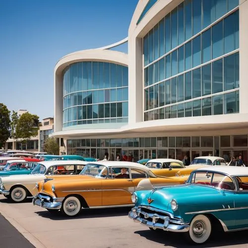 Modern 1950s inspired building, sleek lines, geometric shapes, large glass windows, steel frames, curved roofs, minimalist decorations, urban cityscape, busy streets, vintage cars parked outside, peop