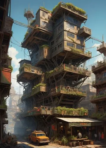 ecotopia,scampia,sedensky,postapocalyptic,apartment block,urbanization,Illustration,Realistic Fantasy,Realistic Fantasy 06