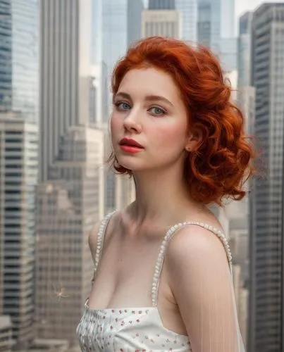 the iconic frame of the caucasian girl comes to life and begins to gaze out from above. She wears a white dress, the colors of the skyline blending seamlessly into the vibrant space. Her red curls are