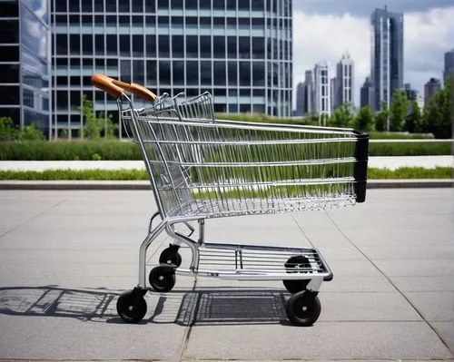 Shopping cart, metal frame, four wheels, white plastic basket, brown wooden handle, ornate details, shiny chrome accents, reflective surface, empty space inside, slight rust on edges, modern minimalis