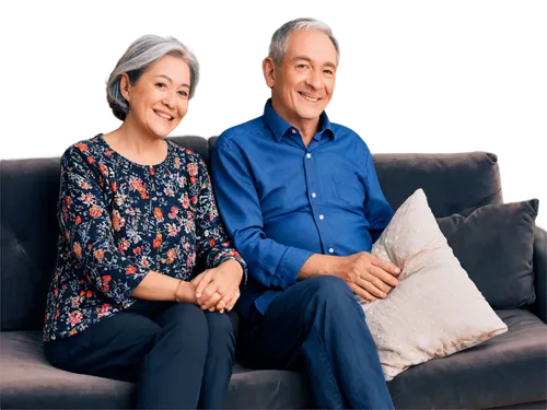 Elderly couple, happy smile, grey hair, wrinkles, gentle eyes, comfortable posture, holding hands, sitting on couch, soft cushions, warm lighting, cozy atmosphere, wooden decorations, floral patterned