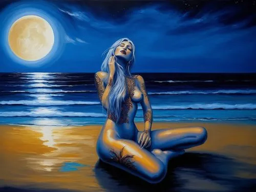 blue moon,amphitrite,sirene,azzurro,sirena,dubbeldam,naiad,blue enchantress,blue painting,fantasy art,blue moon rose,moondance,bodypainting,fantasy picture,nereid,moonlit night,siren,fathom,girl on the dune,naiads,Illustration,Realistic Fantasy,Realistic Fantasy 33