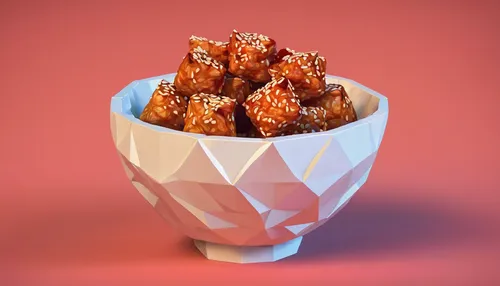 gobi manchurian topped with sesame seeds served in a white bowl,chicken fries,pretzel sticks,karaage,sesame chicken,tteok-bokki,chicken lolipops,3d render,sweet potato fries,chicken wings,crown render