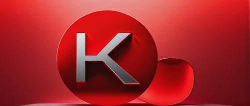 Red K logo, metallic material, shiny texture, modern minimalist design, bold font, uppercase letter "K", circular shape, 3D rendering, bright red color, subtle gradient effect, simple yet striking com