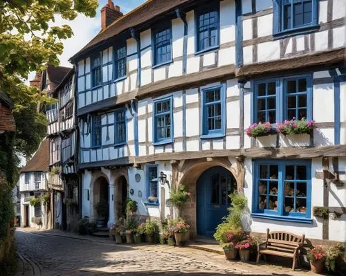 Historic Kentish architecture, medieval-style buildings, half-timbered houses, white washed walls, steeply pitched roofs, wooden beams, stained glass windows, intricately carved doorways, overhanging 