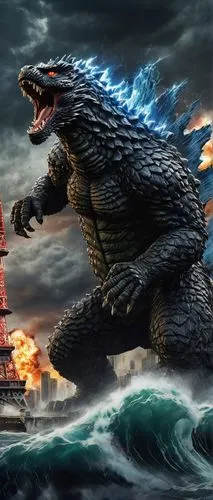 Godzilla, Great Wave off Kanagawa, Japanese monster, powerful roar, destructive claws, scaly skin, fiery eyes, massive size, cityscape destruction, Tokyo Tower, buildings crumbling, debris scattered, 