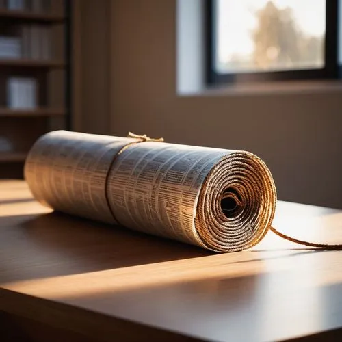 Large architectural print, rolled up, tied with brown twine, metal clip, wooden desk, modern office, morning sunlight, warm atmosphere, shallow depth of field, slight blur effect, minimalist compositi