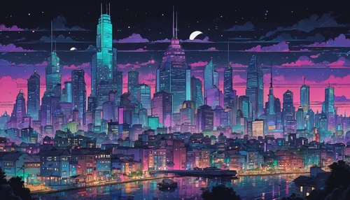 City night flat, 3D,,, night analog color theme, fantasy, line art, ink painting, large ink lines, watercolor, gouache colors, studio ghibli style, realistic stick colors, synthwave art, 90s style, ol