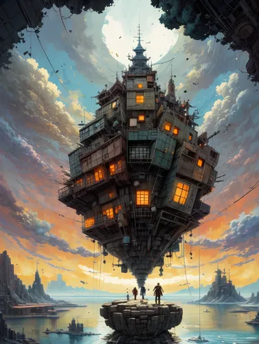 airships,airship,floating island,sea fantasy,floating huts,galleon ship,pirate ship,air ship,hashima,factory ship,carrack,galleon,ghost ship,dreadnought,the globe,studio ghibli,sci fiction illustration,fantasy city,very large floating structure,world digital painting