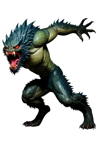 Fierce monster, green scaly skin, sharp teeth, glowing red eyes, spiky hair, muscular arms, claws, roar sound effect, loud breathing, stomping footsteps, dark cave background, low-key lighting, cinema