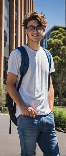 Bachelor, male, 20s, casual, Western Sydney University, architectural design student, messy brown hair, black framed glasses, white T-shirt, dark blue jeans, Adidas sneakers, backpack, laptop, pens, s