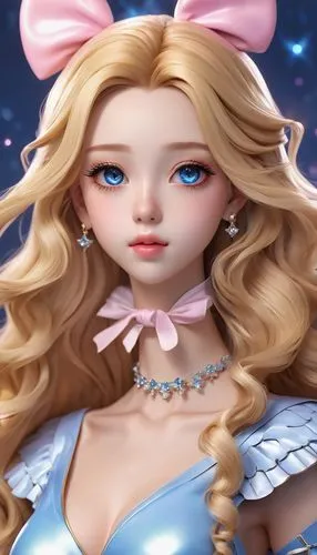 Cute Starlight Girl with long blonde hair with lots of curls, big cute blue eyes with pretty eyelashes, black eyeliner, pink glossy lips, smooth face with soft chin, small cute nose, By artist "anime"