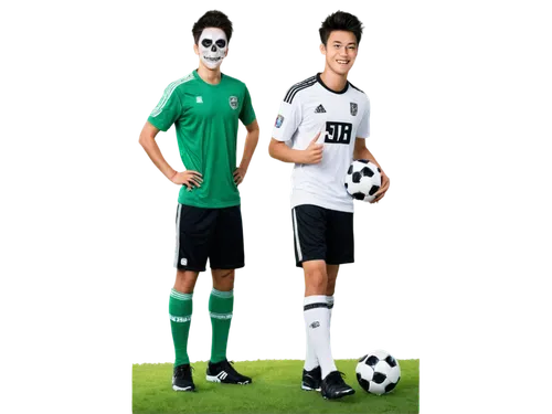 Skeleton, athletic build, football player, white jersey, black shorts, soccer ball, kicking pose, transparent eyes, grinning skull, bony fingers, sports shoes, green grass, sunny day, dramatic lightin