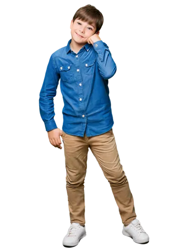 Down syndrome, boy, 10yo, smiling face, almond-shaped eyes, small nose, gentle facial expression, messy brown hair, casual wear, blue shirt, khaki pants, sneakers, standing, hands in pockets, natural 