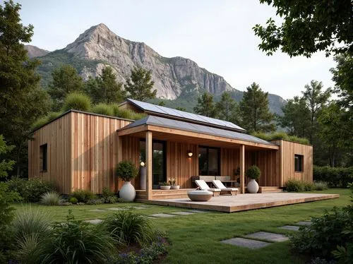 3d rendering,house in the mountains,chalet,summer house,sketchup,render,timber house,house in mountains,revit,grass roof,prefab,wooden house,the cabin in the mountains,wooden decking,pavillon,modern house,electrohome,holiday home,summer cottage,small cabin