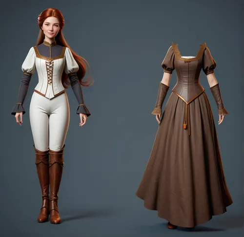 Paper doll medieval noble women in white blouse , brown tight legging with brown boot standing with a set of elegant medieval noble dress on 4 color full color full hd,women's clothing,women clothes,c