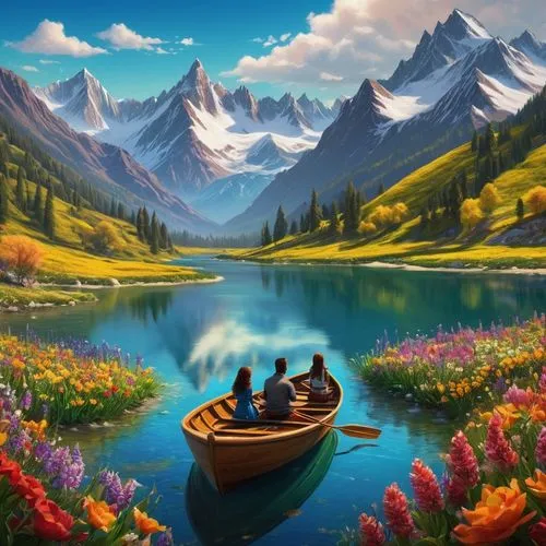 boat landscape,fantasy picture,canoeing,canoes,landscape background,fantasy landscape,Conceptual Art,Fantasy,Fantasy 16