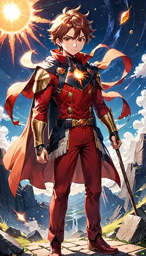 meteora,red tunic,flame robin,sun god,red super hero,red cape,captain marvel,fullmetal alchemist edward elric,hero academy,red saber,wind warrior,bonifacio,asuka langley soryu,violet evergarden,knight star,masai lion,sol,iron mask hero,sunburst background,astronomer,Anime,Anime,Realistic