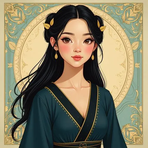 The image is a digital illustration of a young woman with an intricate and refined appearance. She has long, flowing black hair parted down the middle, styled back with two tufts falling gracefully ov