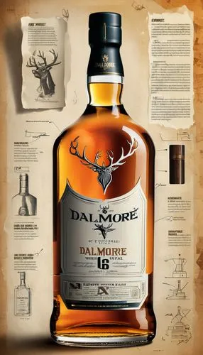 an industrial design sketch of a beautiful Dalmore 62 ancient whisky bottle, movie poster advertising (construction plan) modern style with some advertising notices,  frozen effect, movie poster  awar