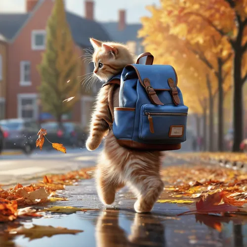 cute realistic photo of anthropomorphic kitten going back to school, kitten head, humanoid figure, """child body""", backpack, walking through puddles, autumn leaves falling, photorealistic, photoreal