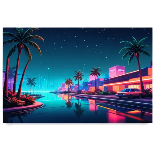 nightscape,futuristic landscape,south beach,night highway,riviera,boulevard,lagoon,neon light,night glow,nightlife,night scene,spaceland,80's design,retro styled,miami,waterfront,neon lights,haulover,retro background,night lights,Illustration,Japanese style,Japanese Style 13