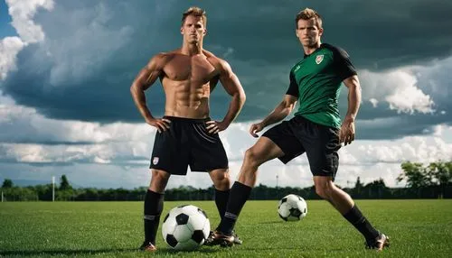 Fubologin, male, muscular build, messy short hair, intense gaze, black athletic wear, soccer ball at feet, green grass, sunny day, dramatic clouds, shallow depth of field, strong lighting, dynamic com