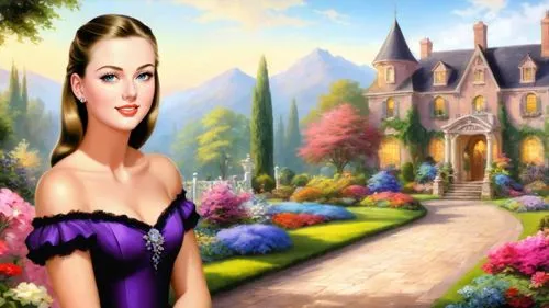 dark saturated colors, Romantic masterpiece oil painting, beautiful girl dainty dress portrait, nostalgic 1950's style kitsch, vibrant lush Victorian flower garden landscape, Gothic architecture, cozy