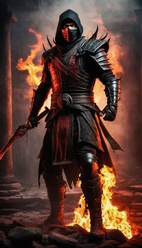 fire master,templar,iron mask hero,fire background,crusader,massively multiplayer online role-playing game,assassin,warlord,dodge warlock,blacksmith,inferno,centurion,molten,magma,fantasy warrior,firebrat,black warrior,samurai fighter,swordsman,darth wader,Art,Classical Oil Painting,Classical Oil Painting 19