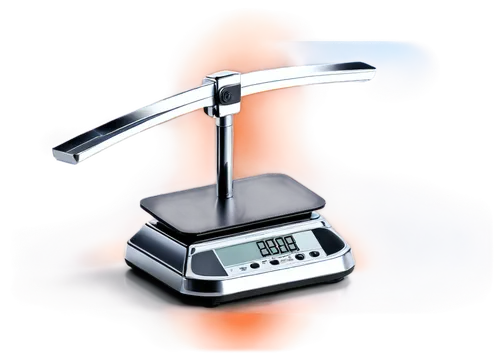 Balance scale, metallic material, silver color, digital screen, precise numbers, slight shadow, shallow depth of field, soft box lighting, 3/4 composition, modern design, sleek shape, minimalist backg