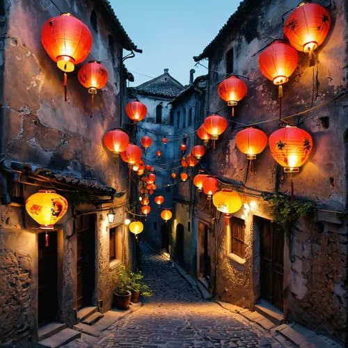 As dusk descended, the flickering glow of lanterns illuminated the narrow alleys, casting enchanting shadows upon the ancient walls.,chinese lanterns,lanterns,morocco lanterns,angel lanterns,hanging l