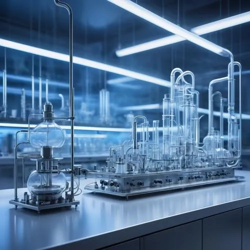 Futuristic laboratory, stable diffusion process, transparent glass chamber, misty vapor surrounding, sleek metal equipment, intricate tubes and wires, soft blue lighting, ambient futuristic ambiance, 