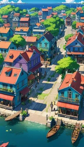 popeye village,fishing village,floating huts,boardinghouses,ponyo,harborfront,aurora village,butka,wooden houses,seaside resort,houseboats,escher village,kanto,harbor,floating islands,township,khuan,docks,archipelagoes,blocks of houses,Illustration,Japanese style,Japanese Style 03