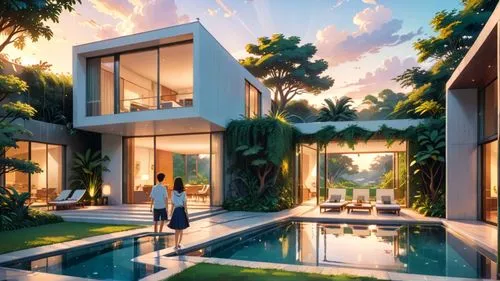 a photo from the garden of a modern white villa in Luanda, with a beautiful pool Infront of the living room, big glass windows, lush green landscapes with big trees, golden hour,a rendering of a coupl