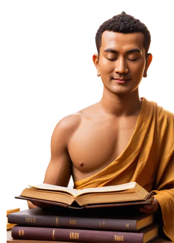 Buddha, serene face, gentle smile, half-closed eyes, golden skin tone, simple monk robes, dark brown wooden desk, leather-bound books, incense stick, candlelight, warm ambient glow, shallow depth of f