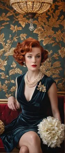 Dorothy Draper inspired interior, luxurious 1950s American modern style, elegant mature lady, curly red hair, pearl necklace, sitting on a velvet tufted sofa, surrounded by ornate gold leaf patterns, 