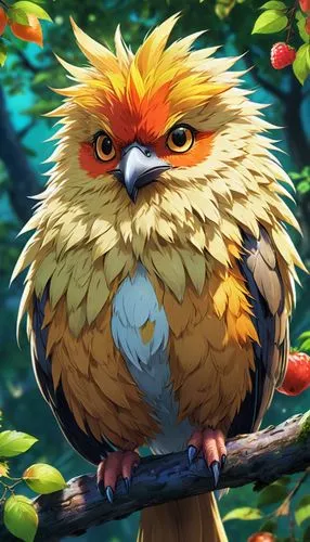 small and round, with a short, soft beak. Covered in shaggy fur, it lives in trees and loves wild fruits.,an orange bird sitting on a tree nch,pombo,caique,korowai,owl background,sparrow owl,koropecky